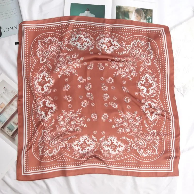 Women Scarf Fashion Paisley Printed Hijab Satin Bandana Head Scarfs Qme Brown 70cm-70cm