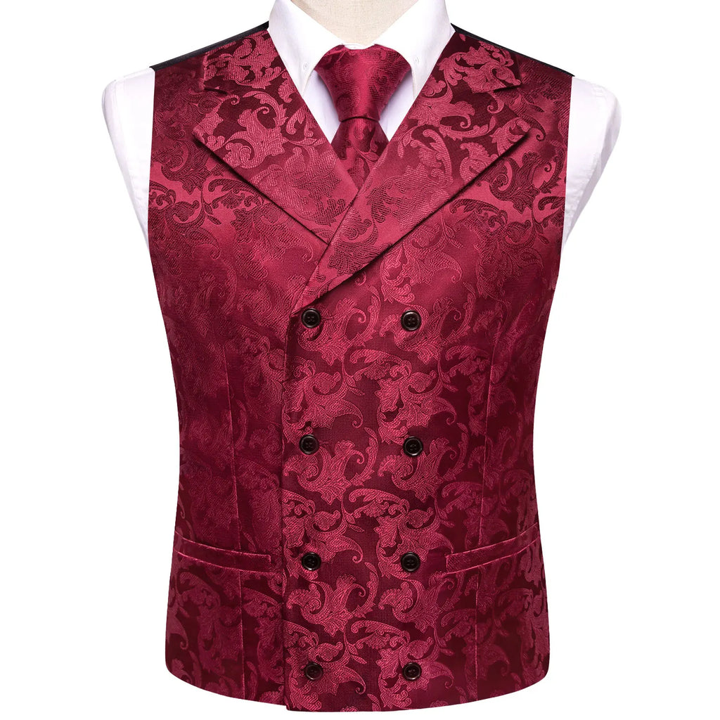 Elegant Golden Yellow Red Floral Jacquard Waistcoat Men Perfect Qme