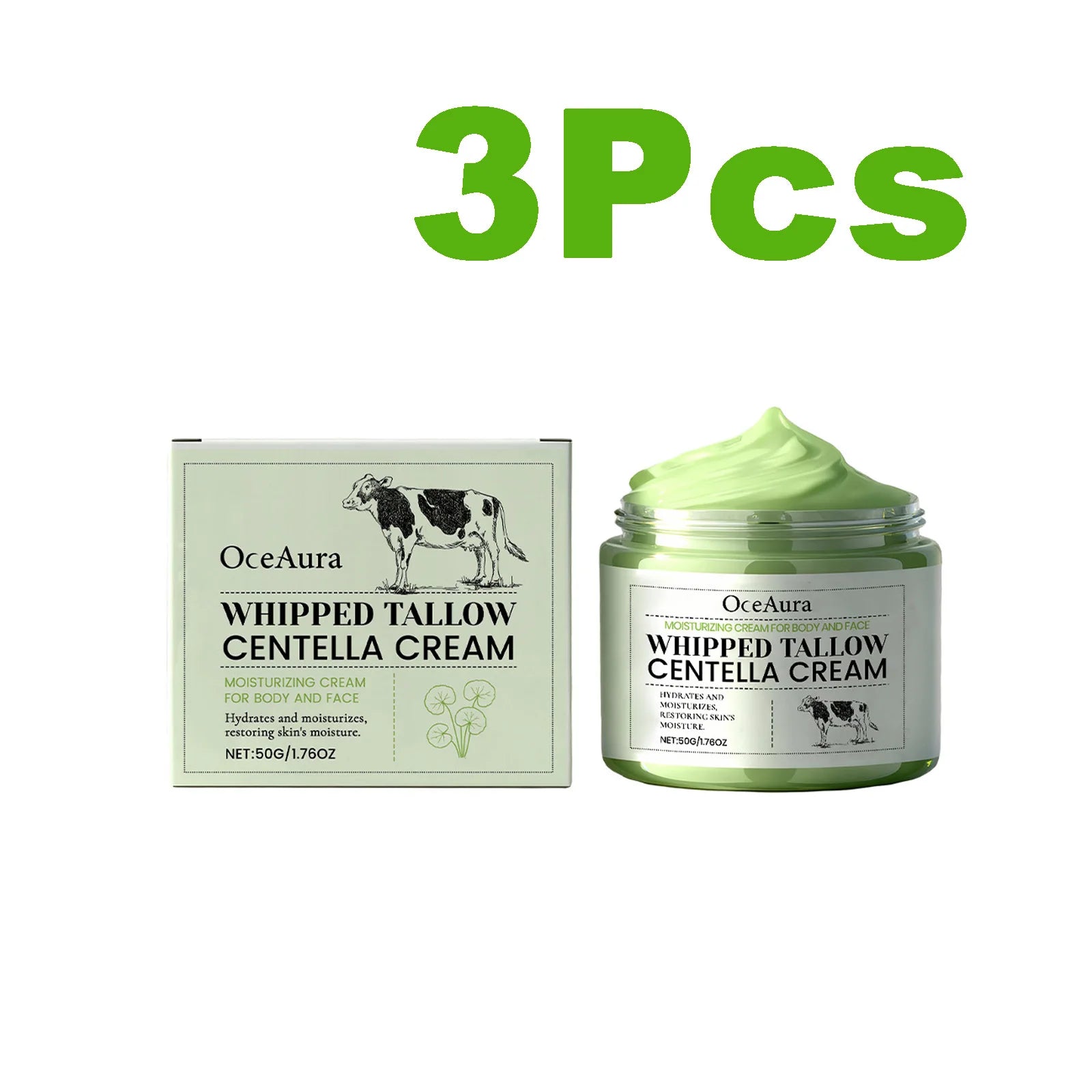 Whipped Tallow Centella Cream for Face & Body Soothing Hydrating Improves Elasticity Repair Moisturizer for Dry Sensitive Skin Qme 3 x 50g Boxed