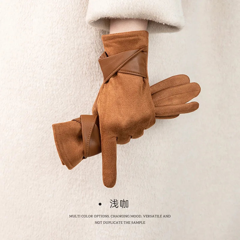 Women's Suede Cold-proof Warm Gloves Velvet Thickened Windproof Bow Qme Chocolate