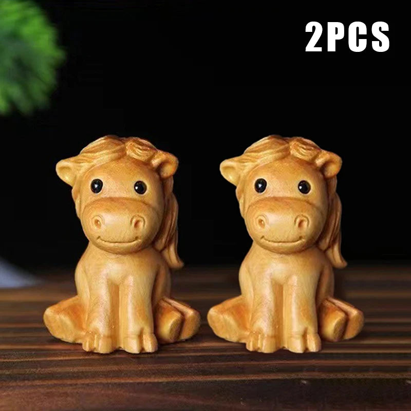 Mini 1/2pcs Wood Carving Chinese New Year Horse Ornaments Zodiac Statue Cute Horse Decor Office Desktop Decor Car Decoration Qme 2pcs