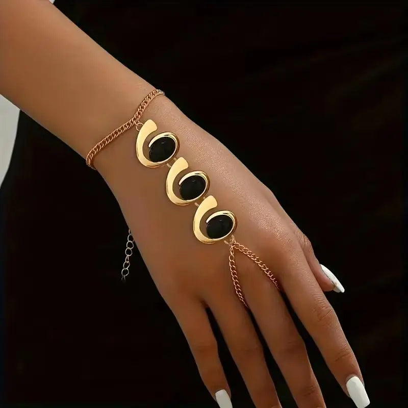 Women Gold Big Crystal Ring Bracelet Elegant Hand Chain Jewelry Adjustable Wrist Cuff for Special Occasions Qme