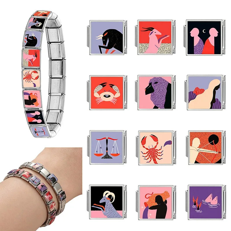 Premium Fashion Constellation Pattern Words Colored Italian Charm Links Stainless Steel Fit 9mm Bracelet Jewelry DIY Making Gift Qme
