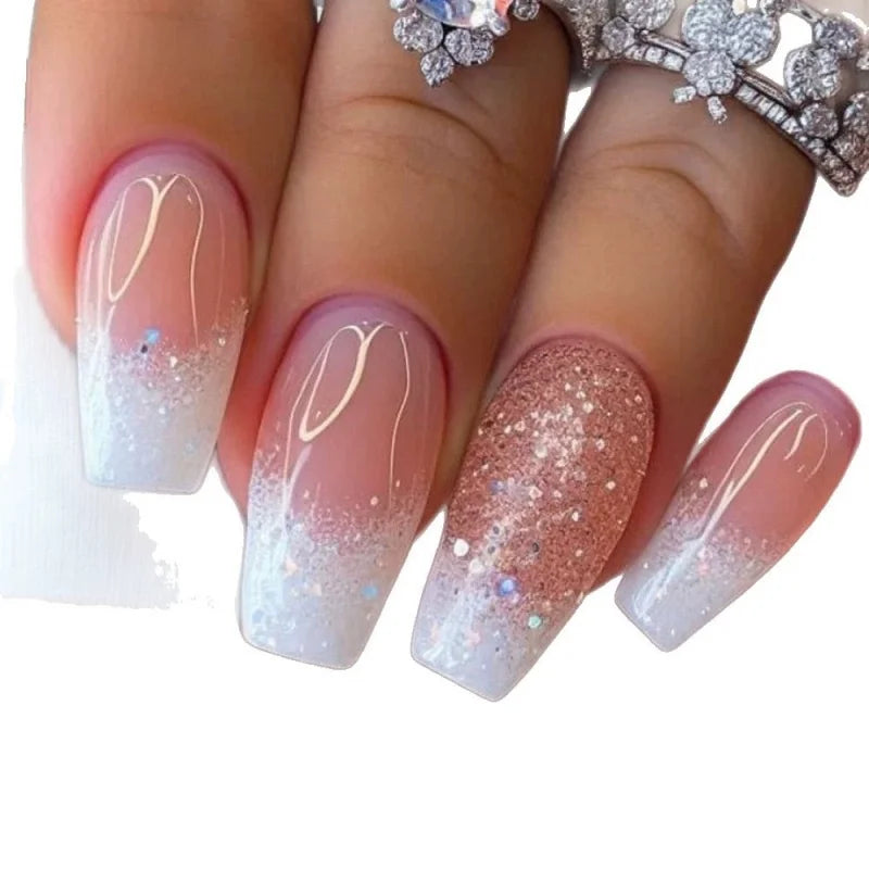 Silver square fake nails glitter inlay delicate and gorgeous simple and generous suitable with 1 Jelly Gel and 1 Nail File Qme