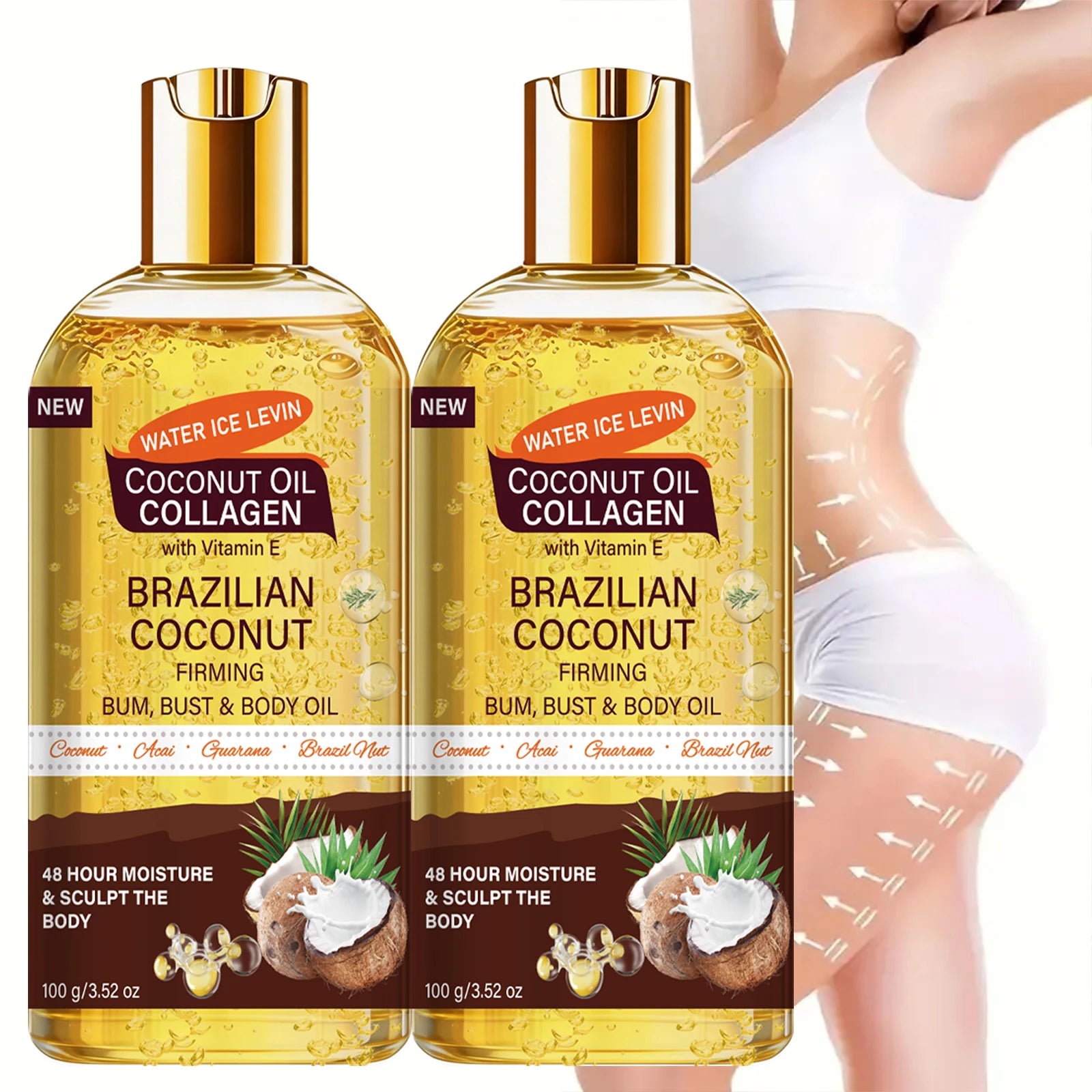 Brazilian Firming Body Oil - Coconut & Collagen, Moisturizing for Bum, Bust & Skin Qme