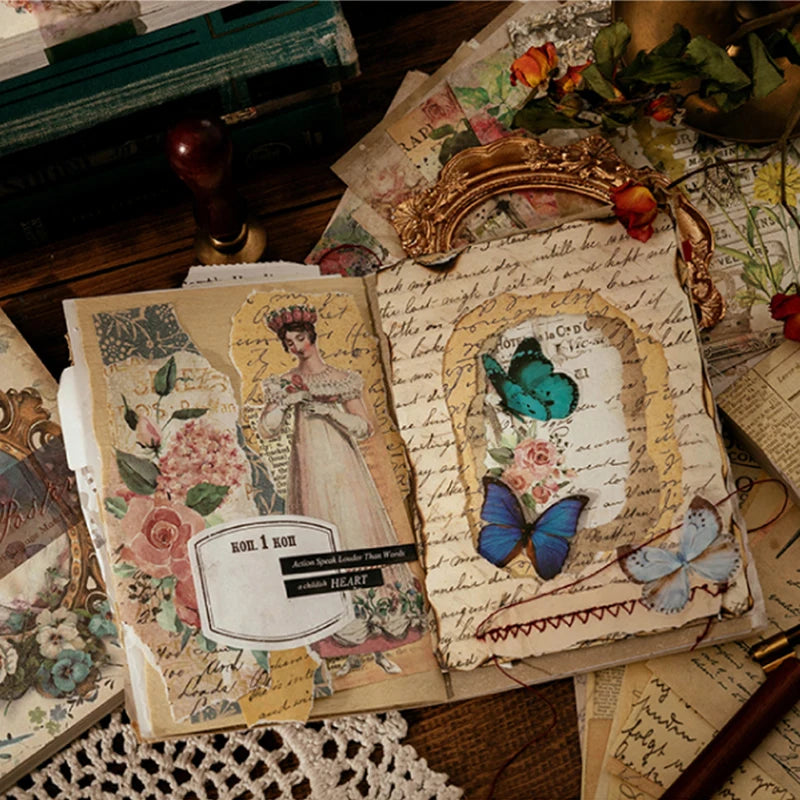 8 Style100Pcs/book Memo Material Paper Vintage Artistic Character Message Card Beautiful Flowers European Style DIY Hand Account Qme
