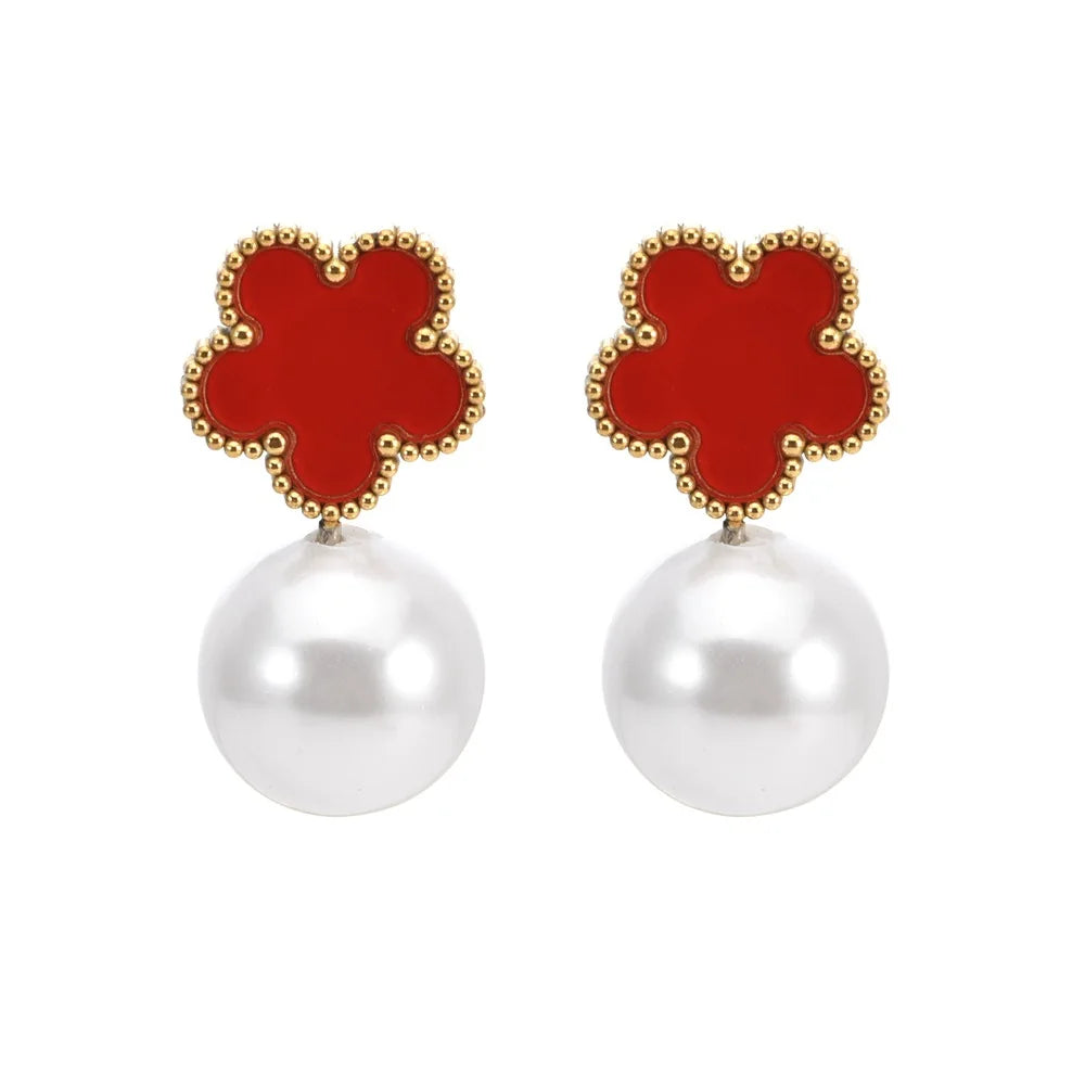 Stainless Steel Plum Blossom Flower Five Leaf Flower Pearl Drop Earrings Fashion for Women Party Jewelry Clover Daily Wear Qme 6