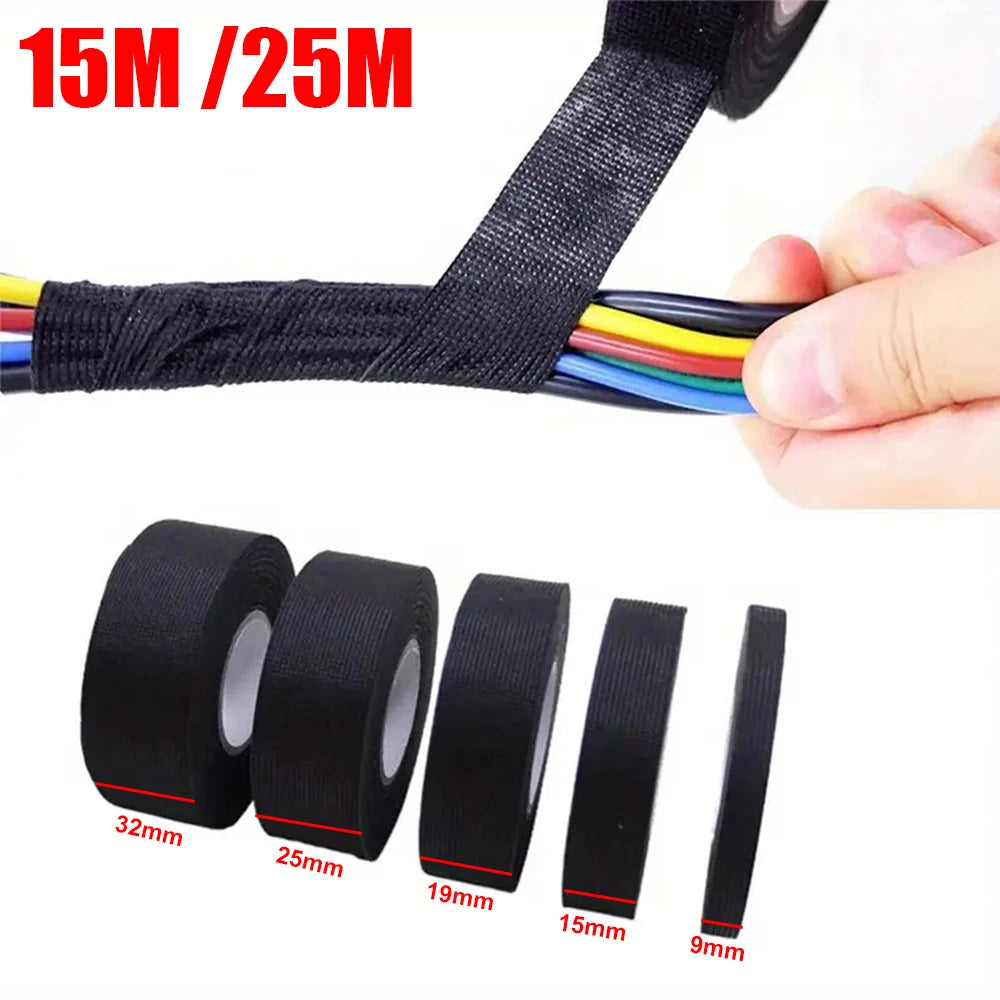 1-4pcs 15/25M High Temp Wire Harness Wrapping Tape Self-Adhesive Automotive Wiring Harness Fabric Tape for Car Noise Damping Qme