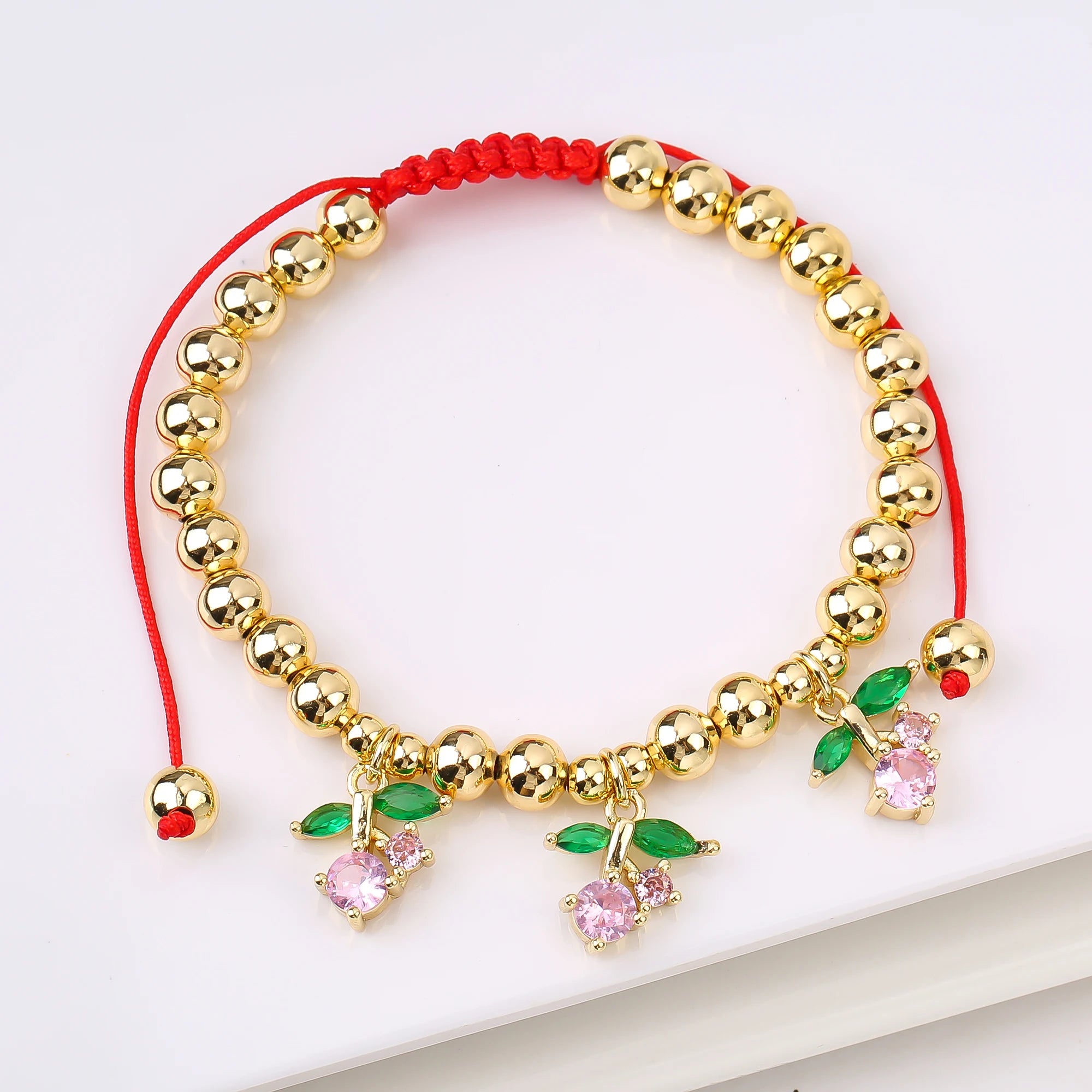 Gold-Plated Copper Bead Chain Braid Crystal Red Cherry Bracelet for Woman Female Daily Party Wrist Jewelry Friendship Gift Qme 19