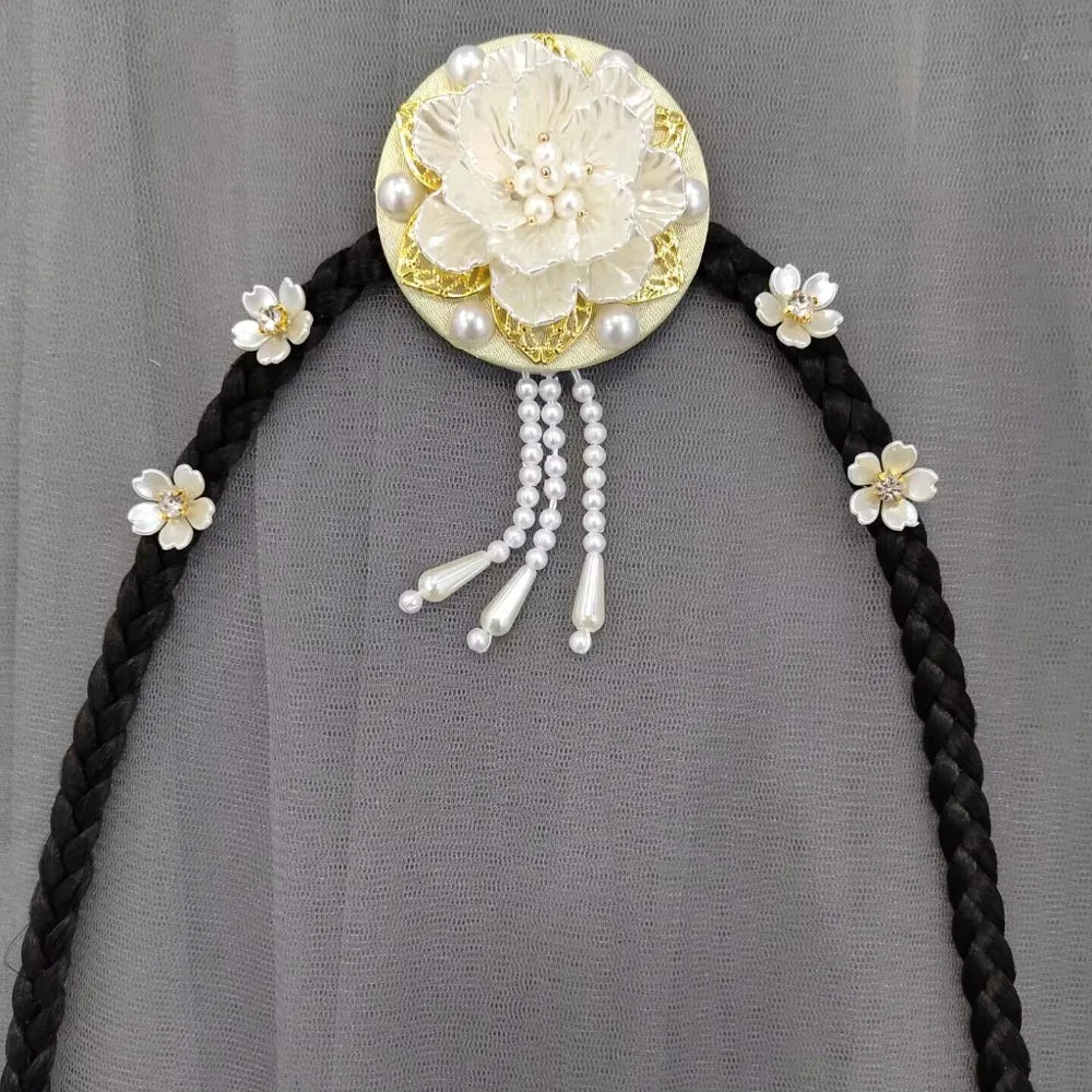 Retro Flower Hanbok Wig Headdress Pearl Traditional Korea Ethnic Qme Style3-Yellow