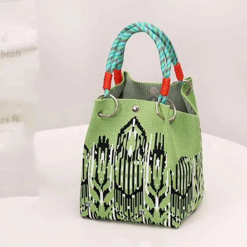 Mini Knitted Bucket Bag Women Small Handbag Geometric Colorblock Wristlet Purse With Detachable Handle 1PC Qme style 3