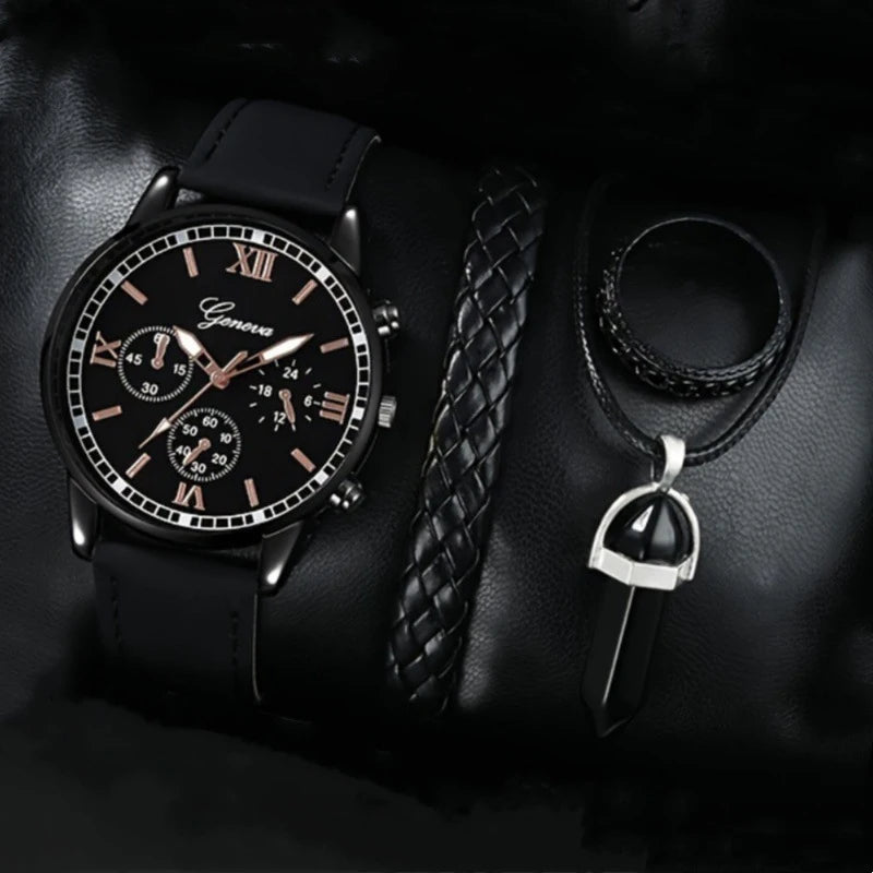 Luxury Geneva Multifunctional Chronograph Men Watch & Black Obsidian Lion Crown Bead Bracelet 2 In 1 Male Accessory Gift Set Qme E Set No Box