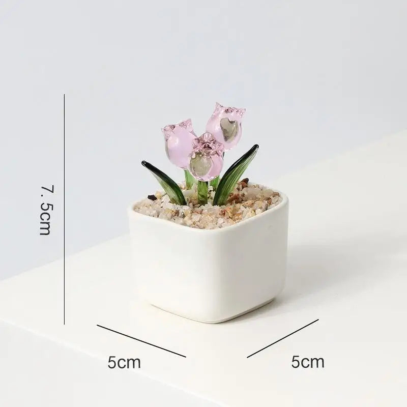 Magnetic Plant Glass Planter Hand Blown Glass Tulips Flower Pot, Everlasting Glass Flower for Home Decor, Elegant Gift for Women Qme C