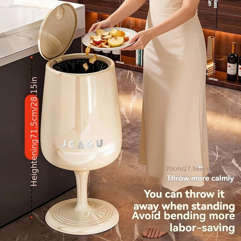 Wine Glass Shaped Trash Can with Lid Waste Basket Trash Bin Round Tall Garbage with High Leg for Home Office Bedroom Kitchen Qme