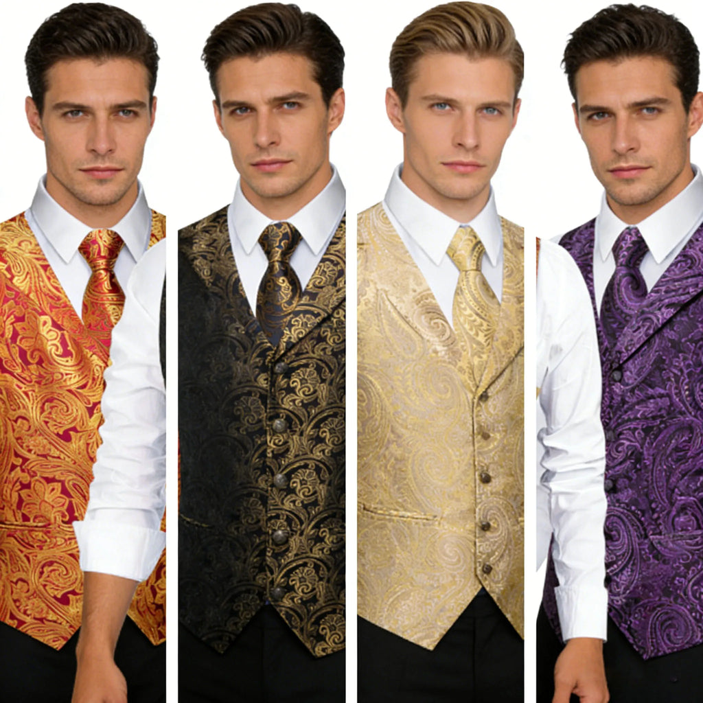 Mens Suit Golden Black Purple Orange Vest Tie Hanky Cufflinks Set Paisley Waistcoat for Male Wedding Busniess Qme