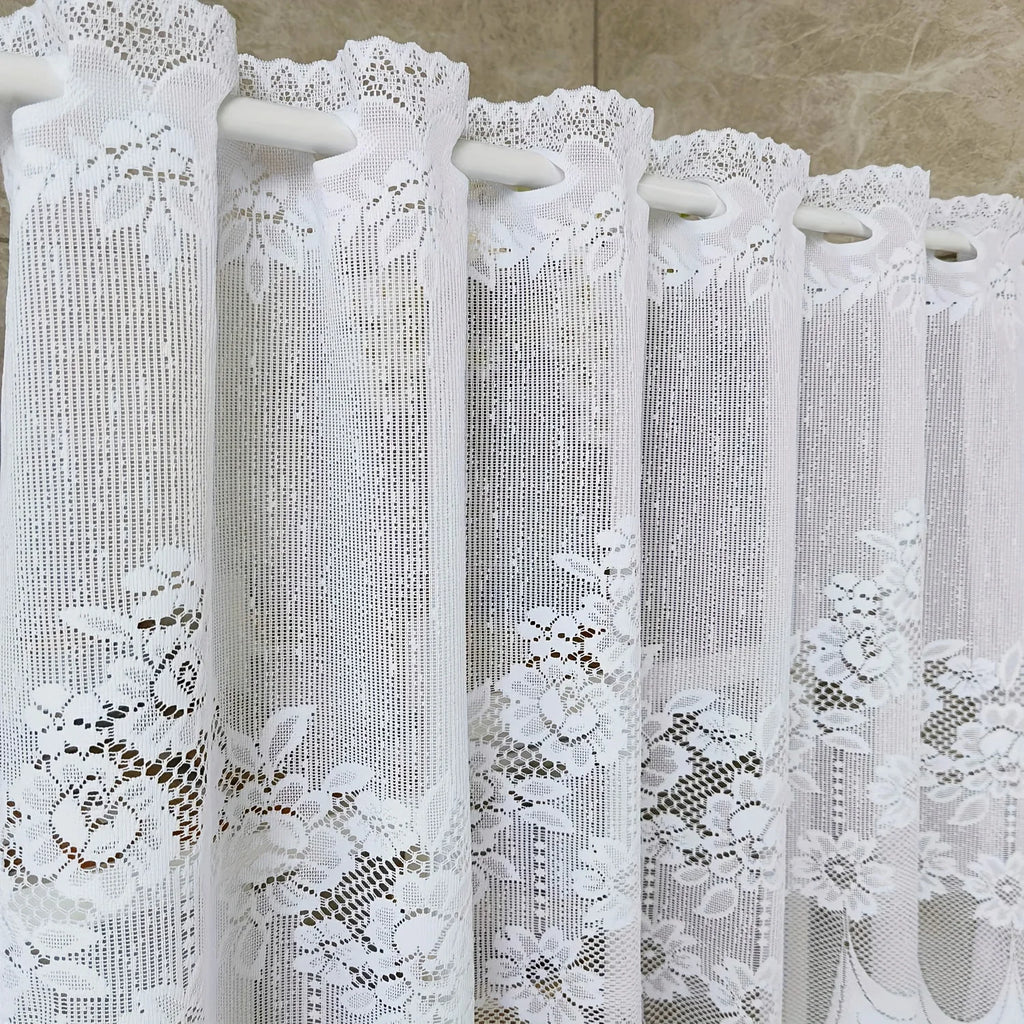 White lace chiffon curtains Floral pole pocket curtains with ruffles, semi-transparent and light-blocking, suitable for kitchens Qme W39 H24in (100 60cm)