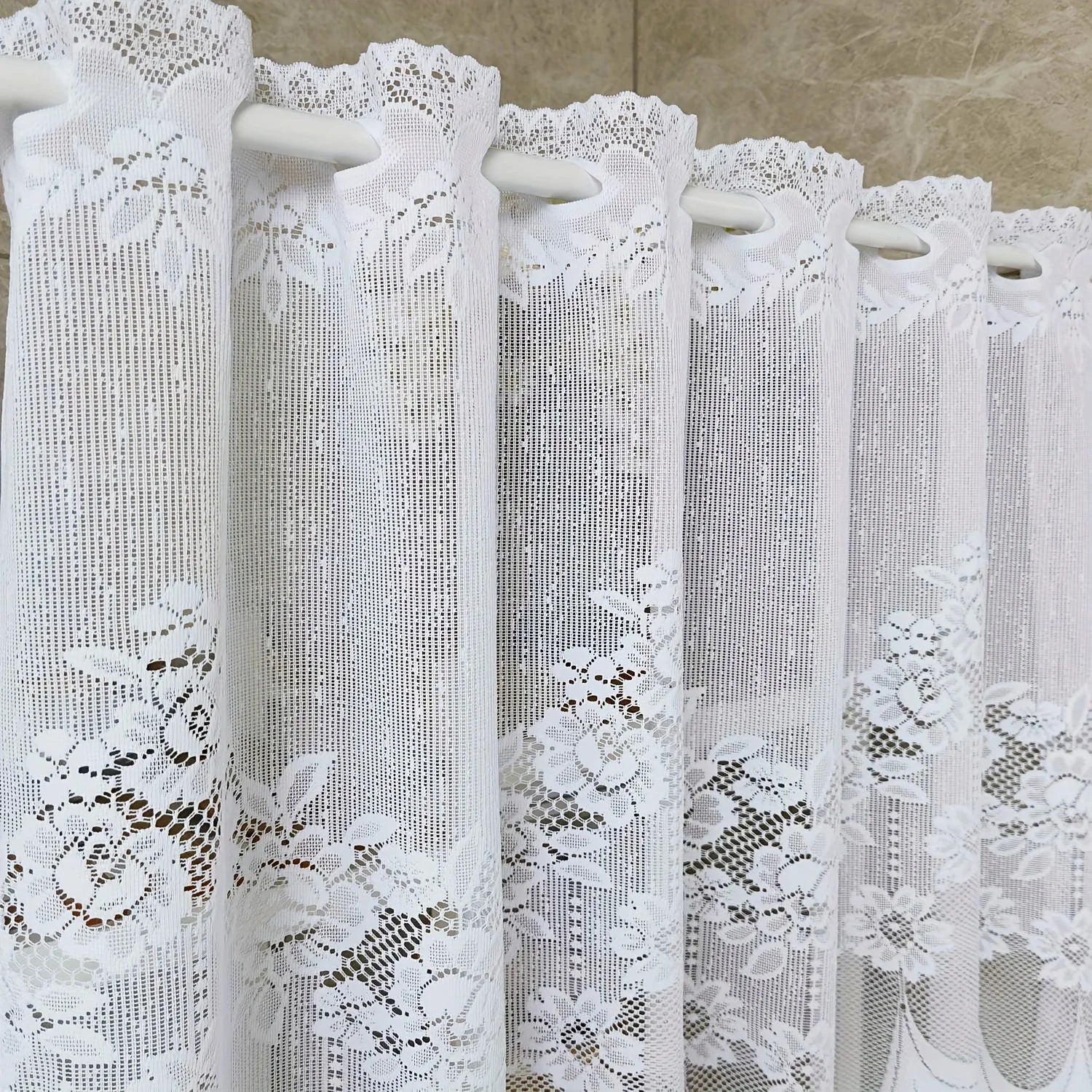 White lace chiffon curtains Floral pole pocket curtains with ruffles, semi-transparent and light-blocking, suitable for kitchens Qme W39 H24in (100 60cm)