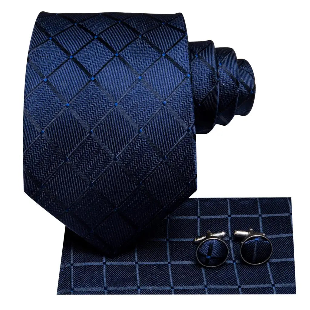 Mens Necktie Luxury Navy Blue Plaid Silk Business Tie Pocket Square Qme