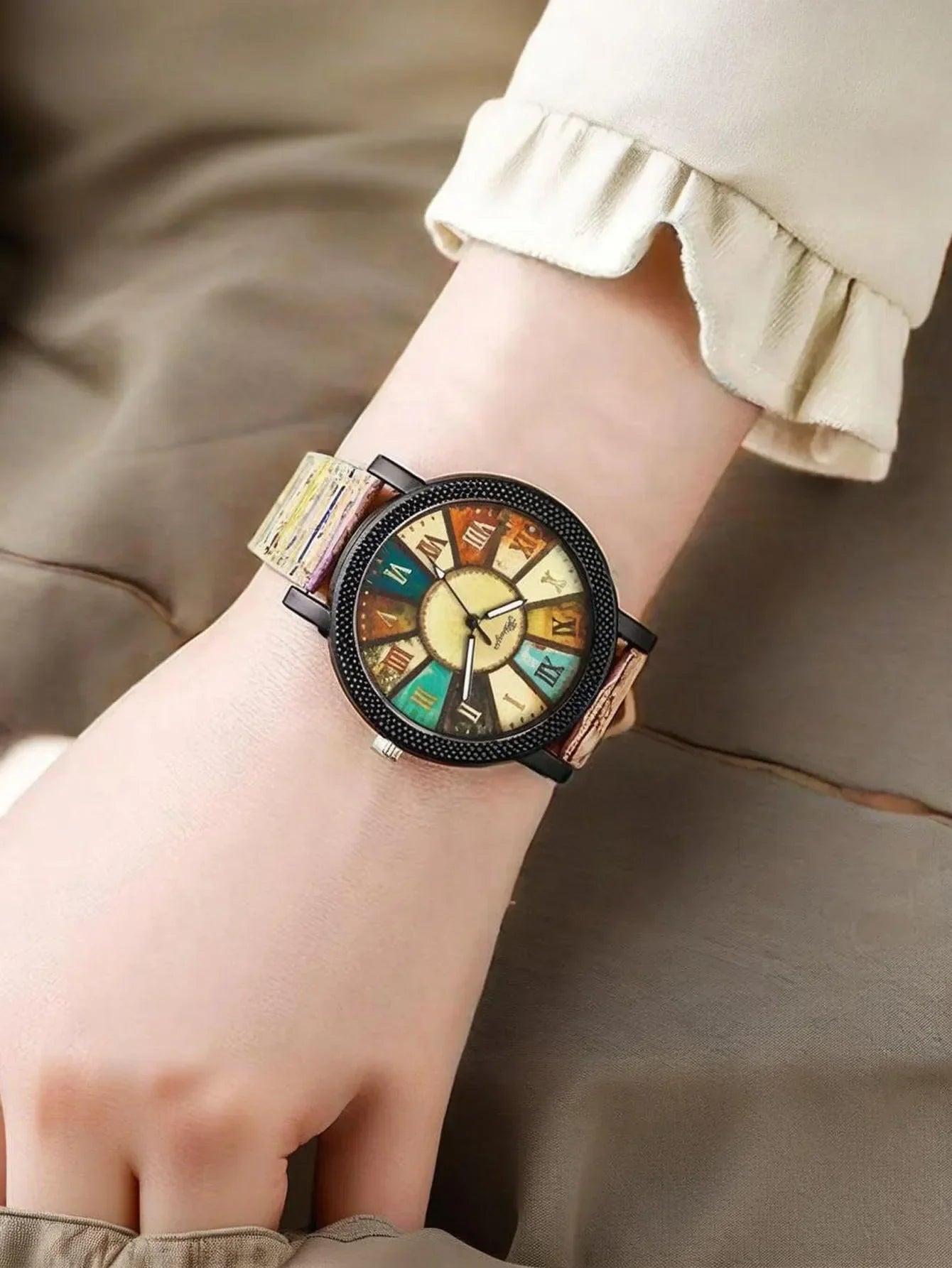 2-piece/set wood grain dial women's watch retro striped pattern leather watch tree strap student watch combination Qme