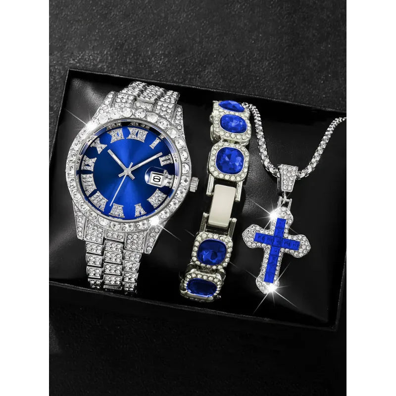 18 styles of hip-hop diamond studded quartz watches, sugar bracelets, cross necklaces, men's large dial set Qme Red