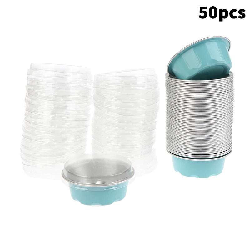 Round Baking Cups Aluminum Foil Wih Lids Reusable Cupcake Desserts Qme 50Pcs Blue
