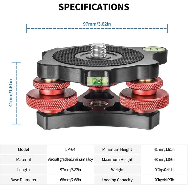 Camera Leveler Base Aluminum Alloy 3 Bubble Levels Tripod Head Qme