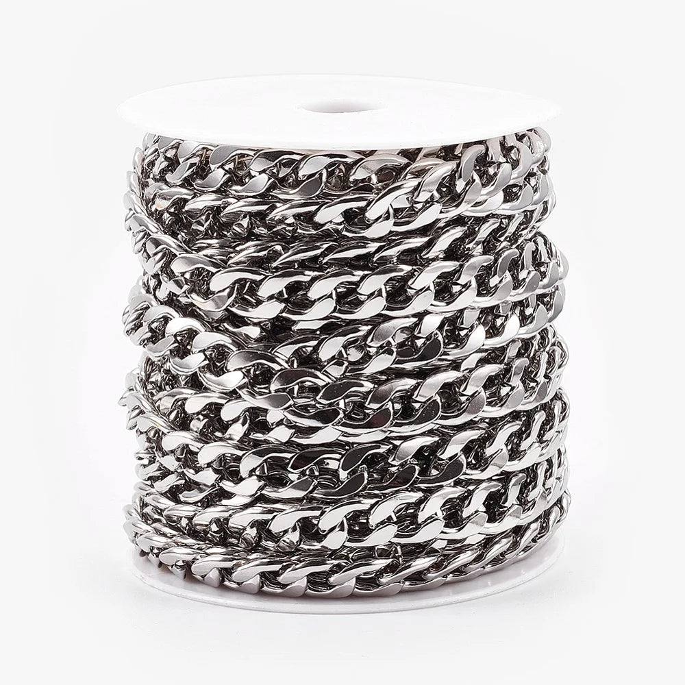 PandaHall 10m Tarnish Resistant 304 Stainless Steel Cuban Chain Roll for Professional Jewelry Making, Chunky Unwelded Link Qme 13-14x10x3mm