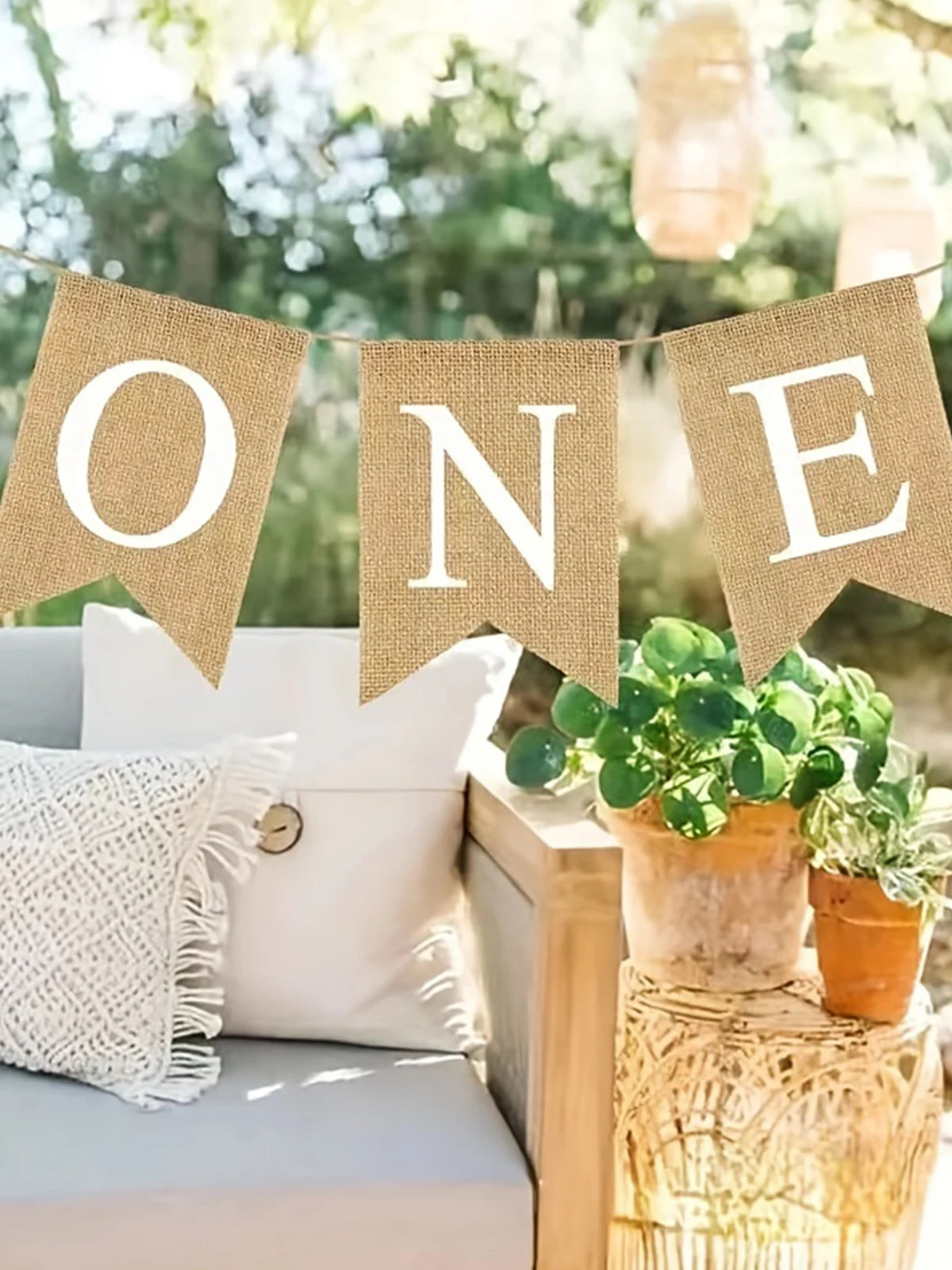 ONE Linen Decoration Banner Swallowtail Flag Year Birthday Pulling Qme Champagne