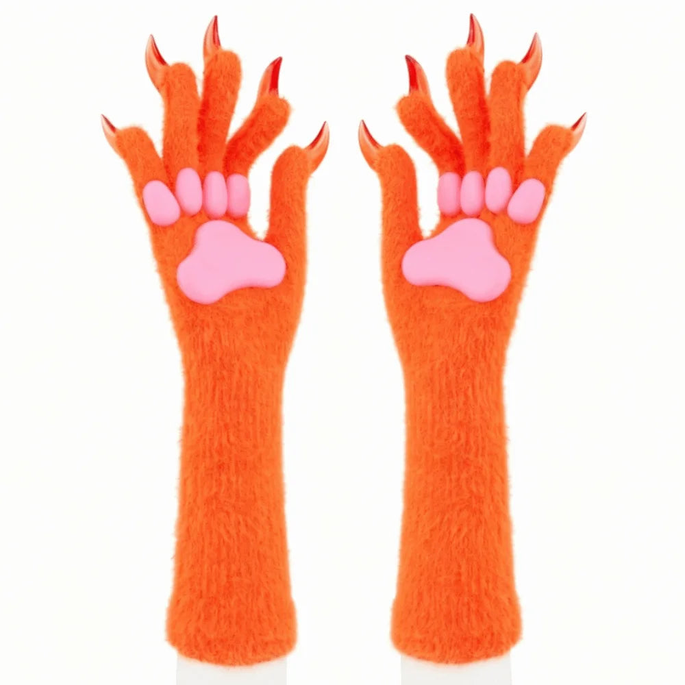 Long Cat Claw Gloves Furry Cute Animal Hand Silicone Paw Pads Cosplay Qme Orange