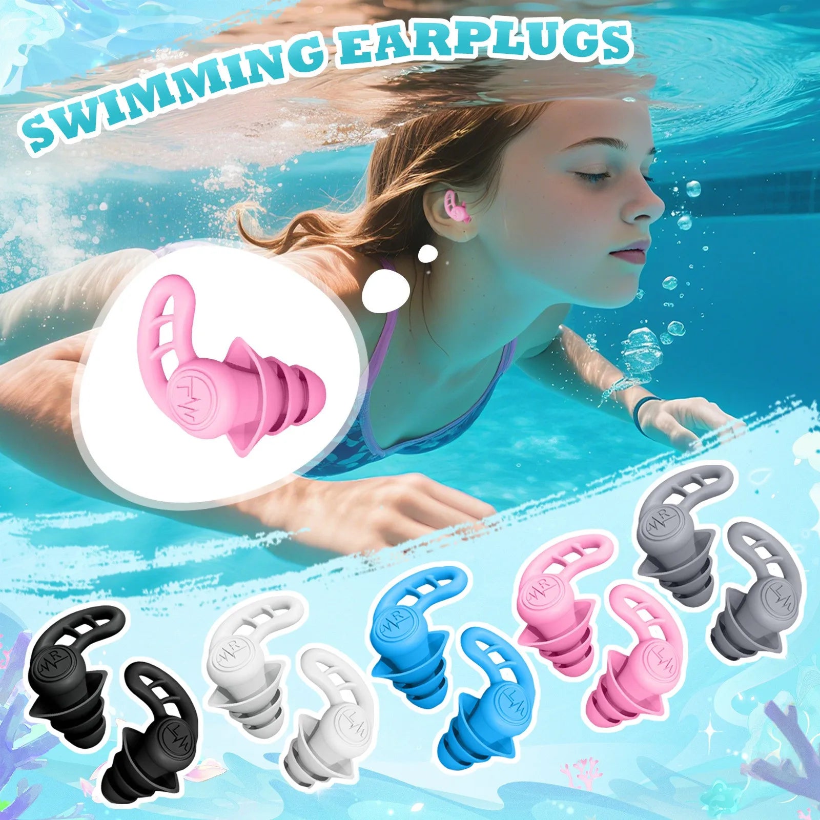 Waterproof Reusable Silicone Colorful Swim Earplugs for Adults Multifuntion Soft and Comfy Noise Reduction Sleeping Ear Clips Qme