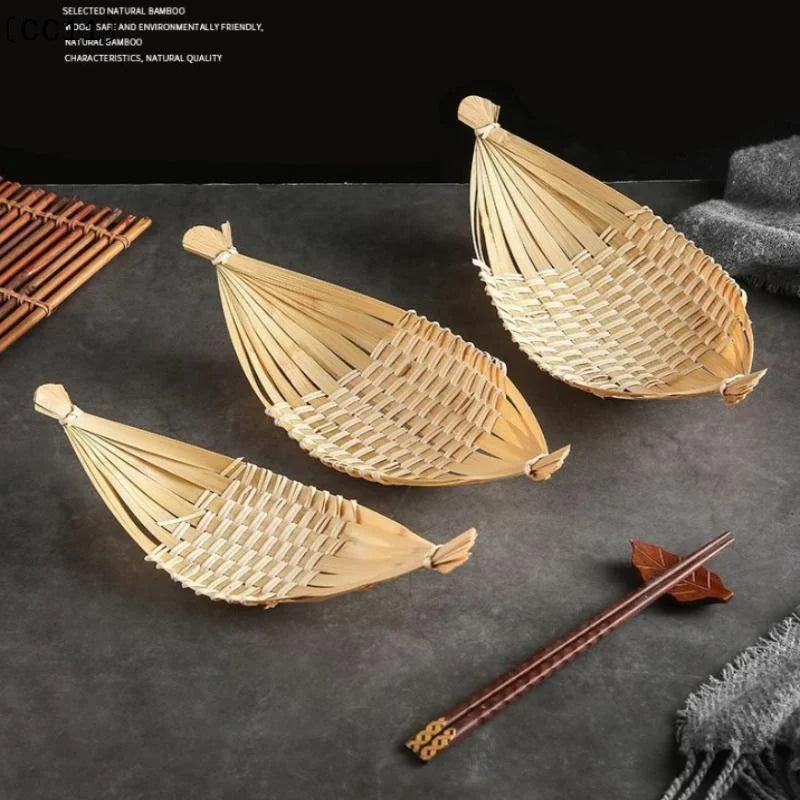 Boat-shaped Bamboo-woven Fruit Basket Living Room Storage Tray Snack Qme