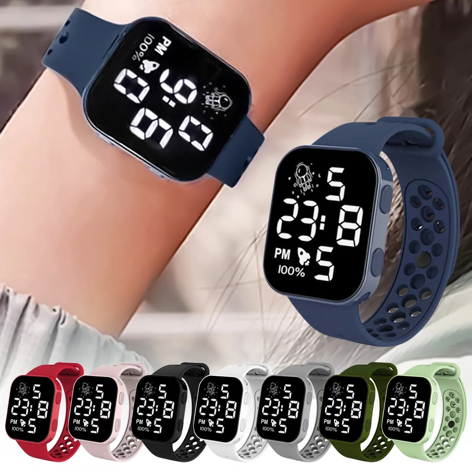 Children’s Solid Color Simple Fashion And Breathable Silicone Strap With Led Display Square Dial Calender Electronic Sport Watch Qme