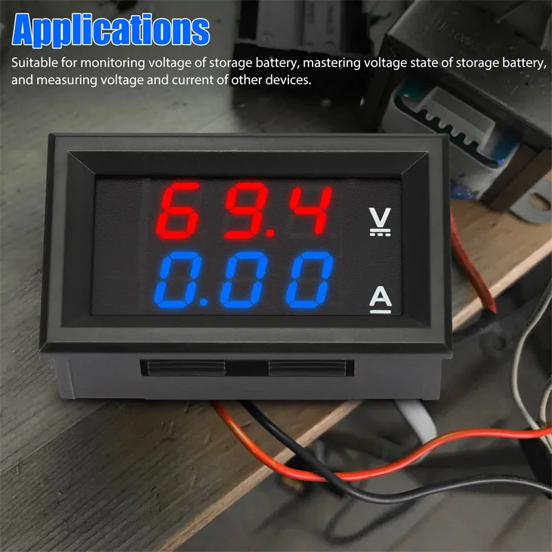 1Pc 0-100V 10A Digital Voltmeter Ammeter Dual Display Voltage Detector Current Meter Panel Volt Gauge 0.28" Red Blue LED. Qme
