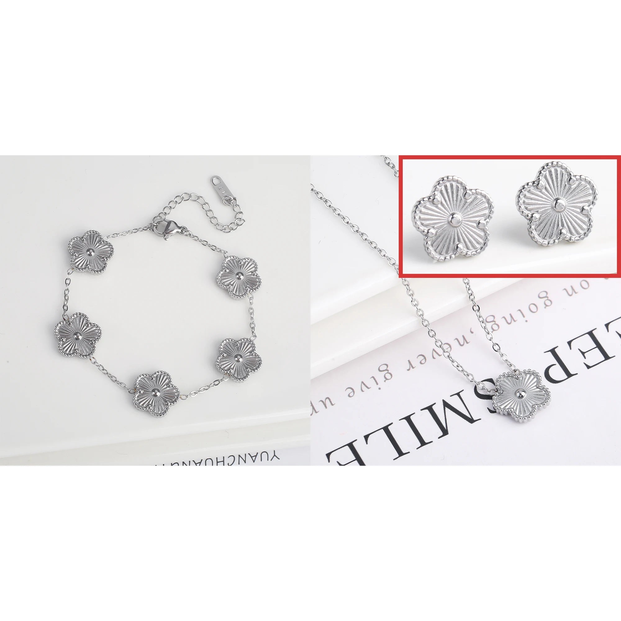 Simple 316L Stainless Steel Flower Five Leaf Necklace Bracelet Earrings 18K Gold Plated Jewelry Set For Women Girl Gift Clover Qme Jewelry Set 5