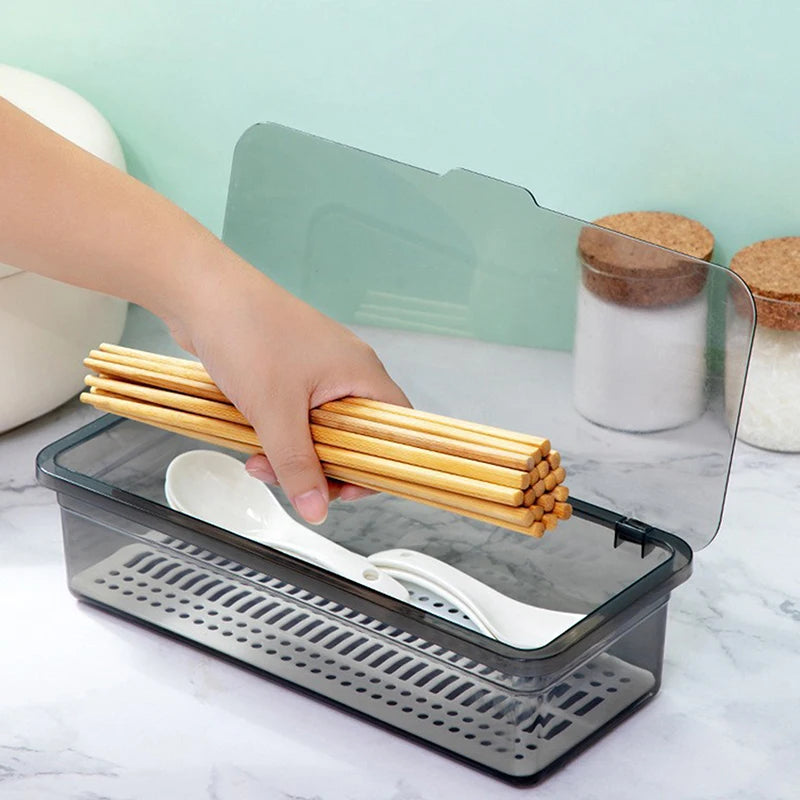Household Chopstick Holder With Lid Dustproof And Draining Chopstick Cage Kitchen Tableware Storage Box Qme