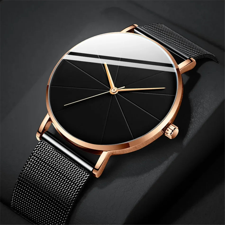 Casual Round Pointer Quartz Watch Large Geo Dial Analog Mesh Strap Wristwatch For Women Men Qme
