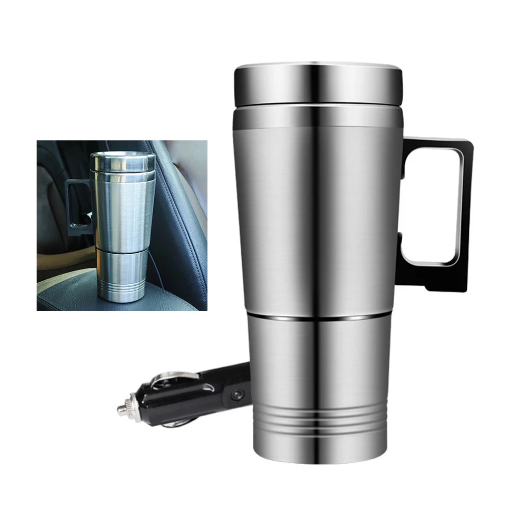 Vehicle Heating Cup 12V/24V Water Coffee Milk Thermal Mug 300ML Car Electric Heating Cup Stainless Steel Travel Electric Kettle Qme