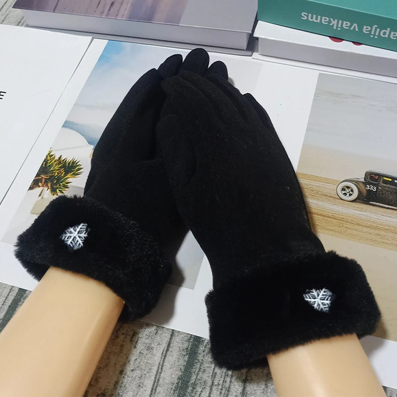 Autumn Winter Warm Suede Gloves Velvet Thickened Plush Decor Cuff Qme black
