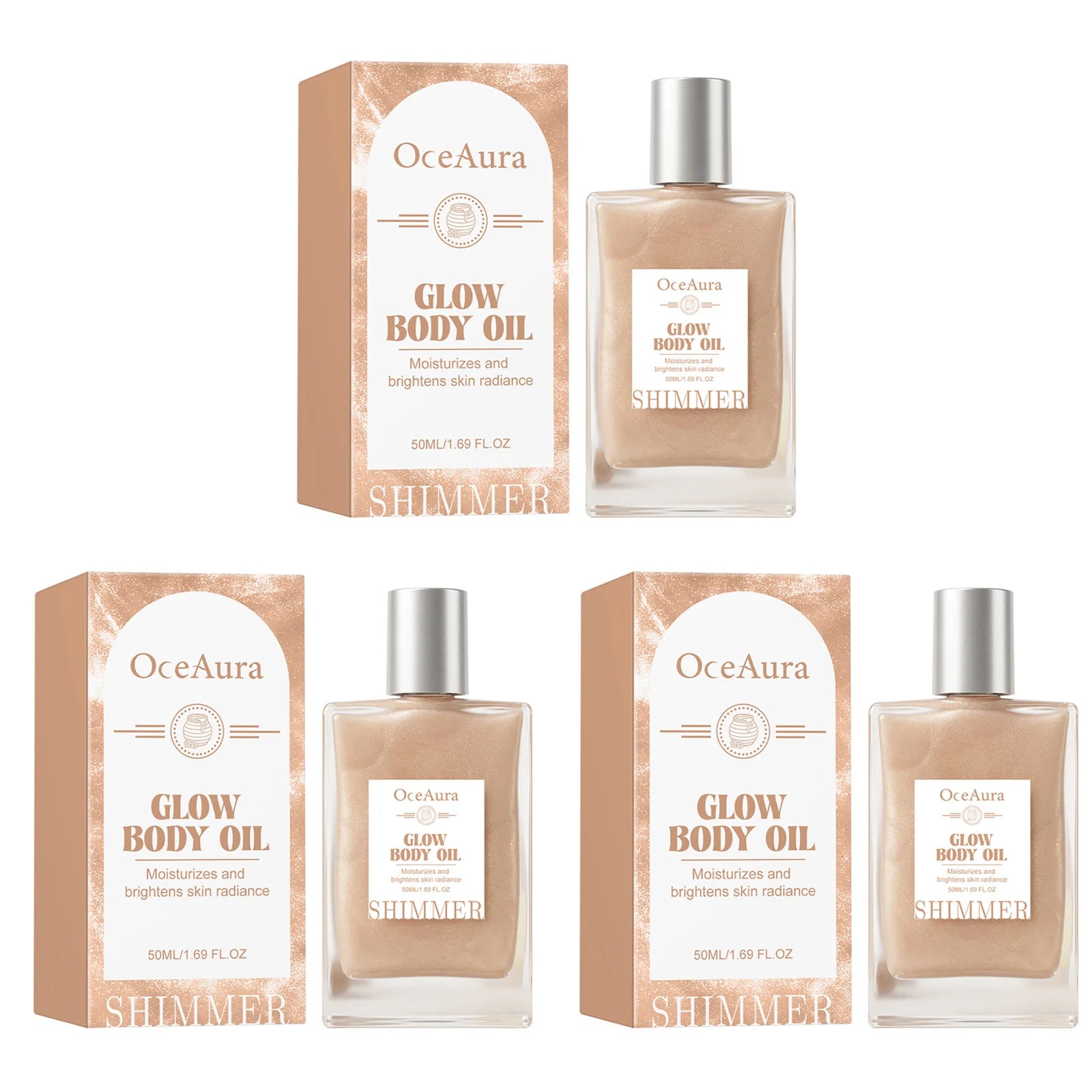 OceAura Glow Body Oil Honey Glitter Silky Skin Radiance Enhanced Deep Nourishment Non-greasy Coconut Oil Moisturizing Body Oil Qme 3 X 50ml Boxed