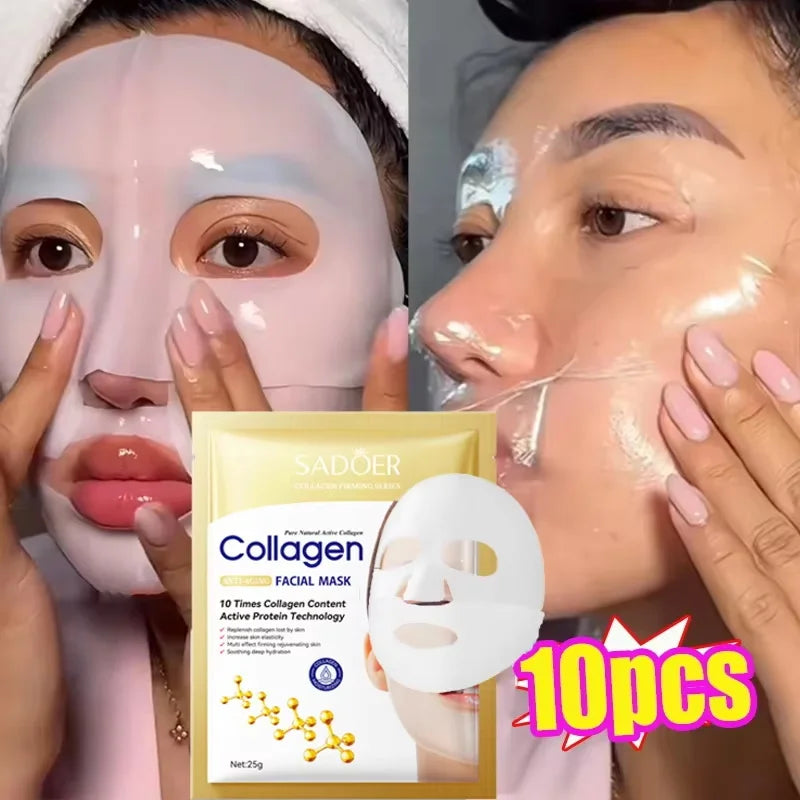 10PCS Collagen Anti Wrinkle Facial Mask Anti Aging Fade Fine Lines Firm Skin Moisturizing Brightening SkinCare Korean Cosmetics Qme