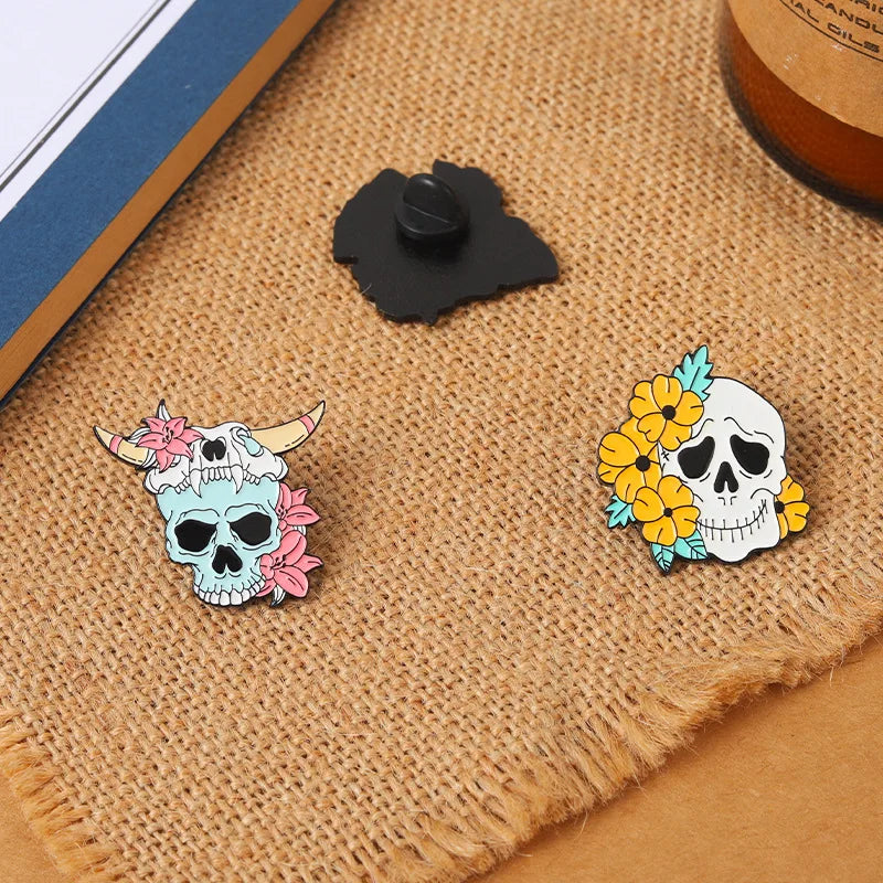 Flower Skeleton Enamel Pins Skull Badges Punk Plant Brooches Lapel Clothes Backpack Gothic Women Men Kids Jewelry Gift Wholesale Qme