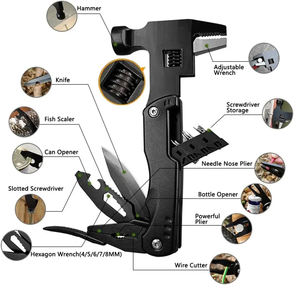 Adjustable Wrench Multitool Hammer for Survival,14in1 Emergency Escape Tool With Knife,Plier,Screwdrivers,Saw,Fish Descaler etc Qme