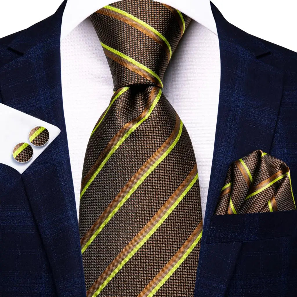 Hi-tie Men Fashion Striped Navy Blue Necktie Handkerchief Cufflinks