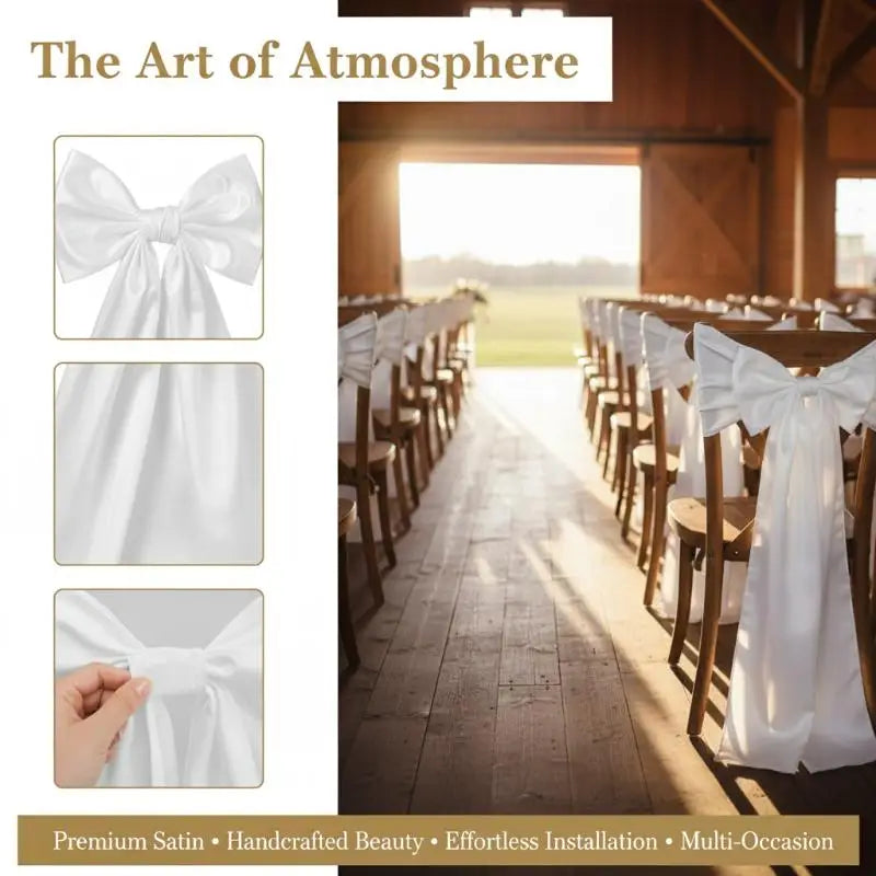Easy-Tie Satin Chair Decorations with Long Tails for Church Aisles & Reception Venues, Elegant Wedding Backdrop Supplies Qme