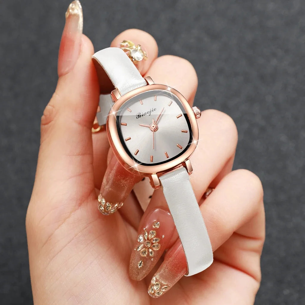 Women's Rose Gold Watch and Jewelry Combo Set, White Dial Watch + White Heart Bracelet + Necklace + Earrings, Perfect Gift Qme