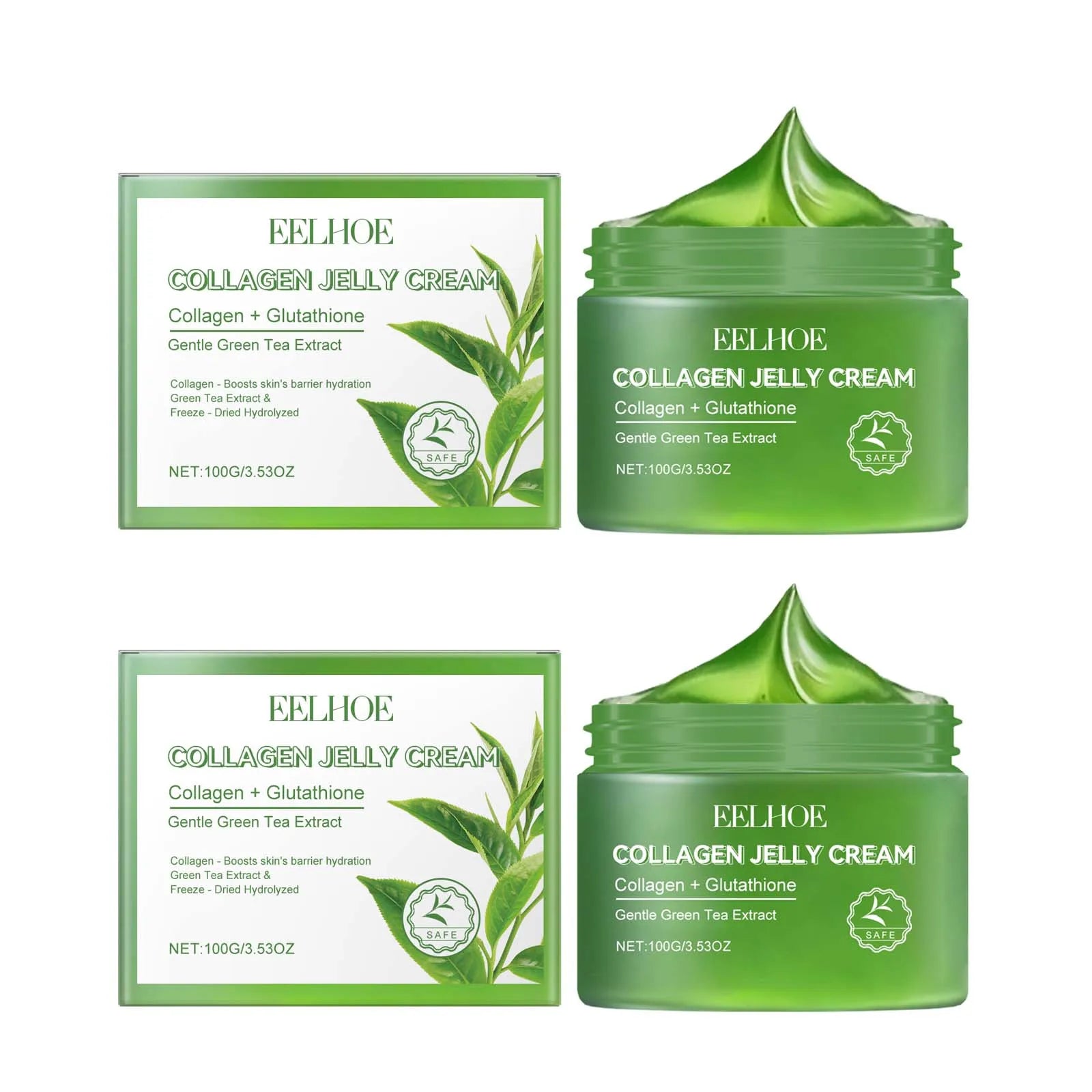 Green Tea Collagen Jelly Cream Gentle Moisturizing Soothing Shrink Pores Smooth Wrinkles Rejuvenating Facial Skin Care Gel Cream Qme 2 x 100g boxed
