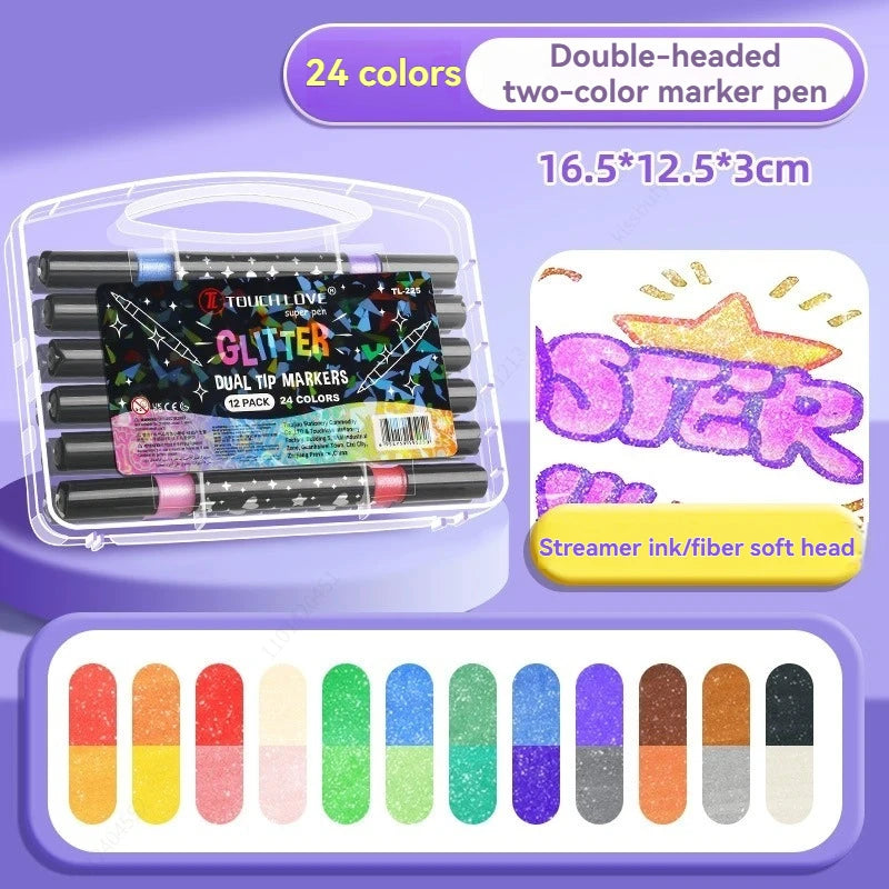 Glitter Double Tips Markers Pens, Shimmer Markers Glitter Writing Drawing Pens for Christmas Card Birthday Greeting DIY Art Qme 12 pieces-24 colors