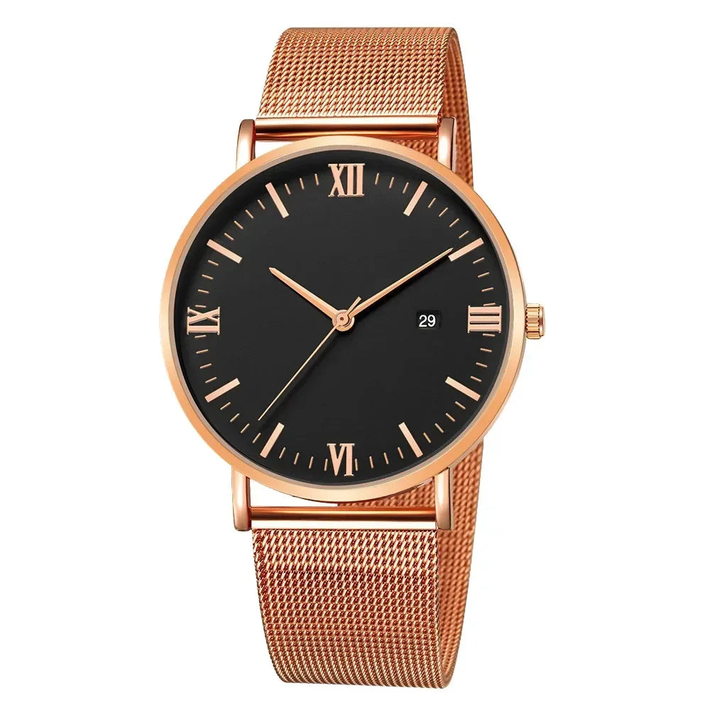 Ultra Thin Men Watch Magnetic Bracelet Quartz Watch Calendar Men Slim Mesh Steel Waterproof Sport Watch Black Relogio Masculino Qme Rose Black