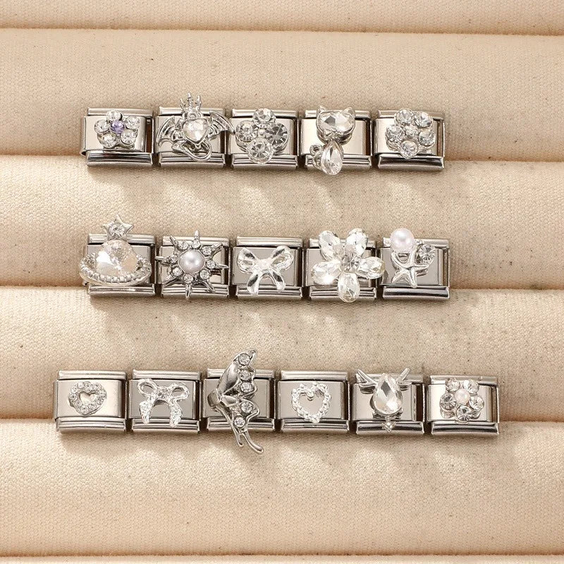 Fashion Love Heart Demon Wing Lovely Cat Elk Bowknot Shiny CZ Italian Links Charm Fit 9mm Stainless Steel Bracelet Making Gifts Qme