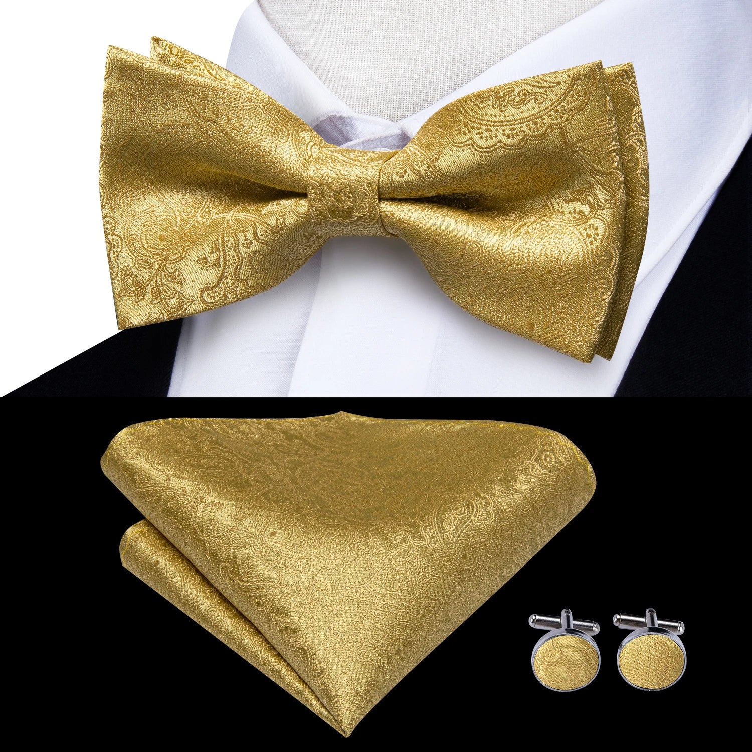 Hi-tie Jacquard Woven Silk Gold Mens Suspender Braces Bow Tie Hanky Qme